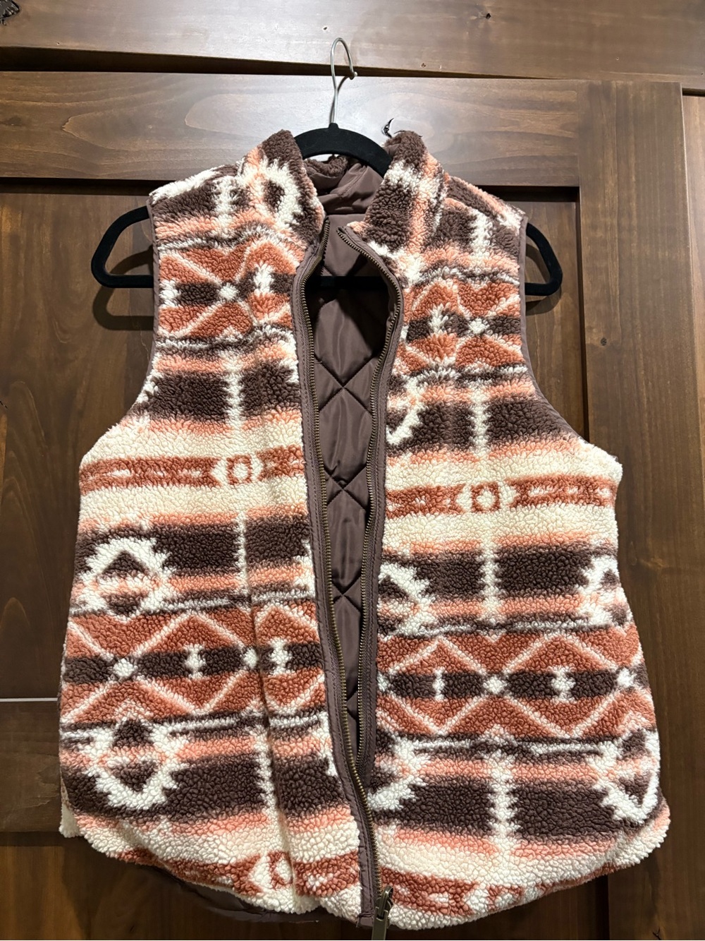 Maurices Reversible Geometric Sherpa Vest in Brown, Cream & Rust
